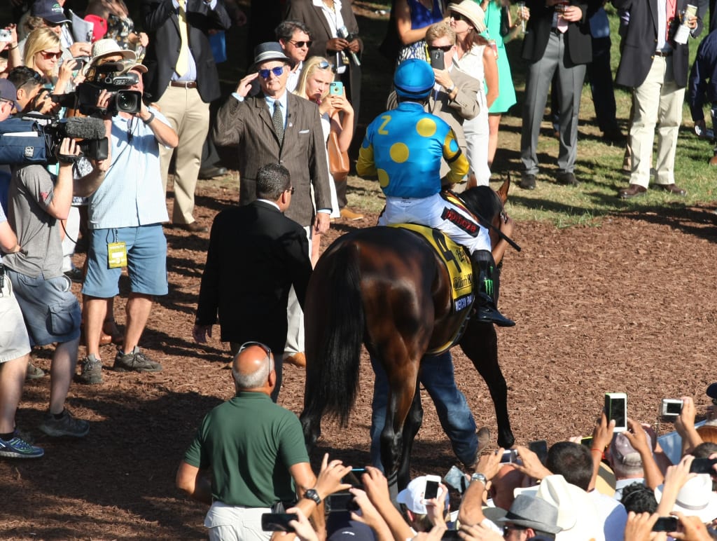 Actor Bill Murray salutes Victor Espinoza and American Pharoah, so they've got that going for them, which is nice.  Photo By Taylor Ejdys/EQUI-PHOTO.