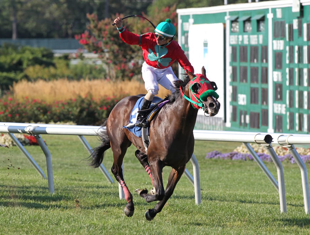 Expected Ruler and Wilmer Garcia shocked the bettors by taking Monmouth Park's Tyro Stakes, paying $96 to win. Photo By Ryan Denver/EQUI-PHOTO