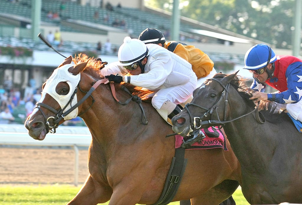 Joya Real (#8) barged through to win the Blue Sparkler narrowly on Saturday at Monmouth Park. Photo By Bill Denver/EQUI-PHOTO