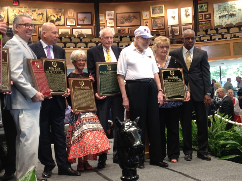 Newly minted Hall of Famers, including (from left), A. G. Vanderbilt, III, accepting for his father; Clark Shaffer,accepting for his great-grandfather H. G. Bedwell, who trained Billy Kelly; Chris Antley's mother Shelly; King Leatherbury; and Harry Deitchman and Ken Taylor, accepting for Xtra Heat.