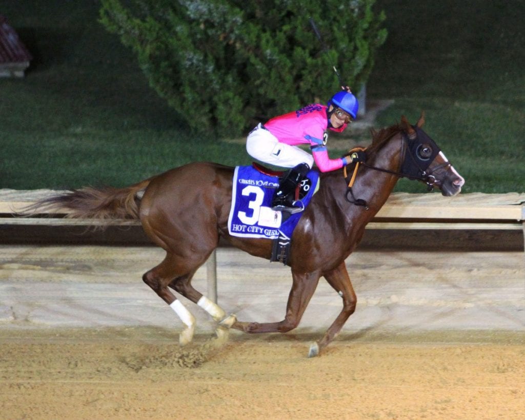 Hot City Girl took them all the way to win the G3 Charles Town Oaks Saturday night. Photo by Coady Photography.