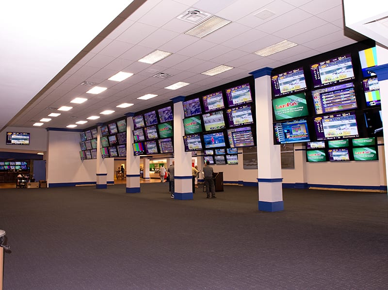The new Silks simulcast area nears readiness. Photo by the Maryland Jockey Club.