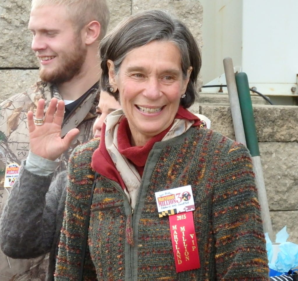 Trainer, co-breeder, and co-owner Katy Voss was all smiles after Corvus won the Maryland Million Nursery -- and again after the Commission ruled in Corvus' (and Voss's) favor. Photo by The Racing Biz.