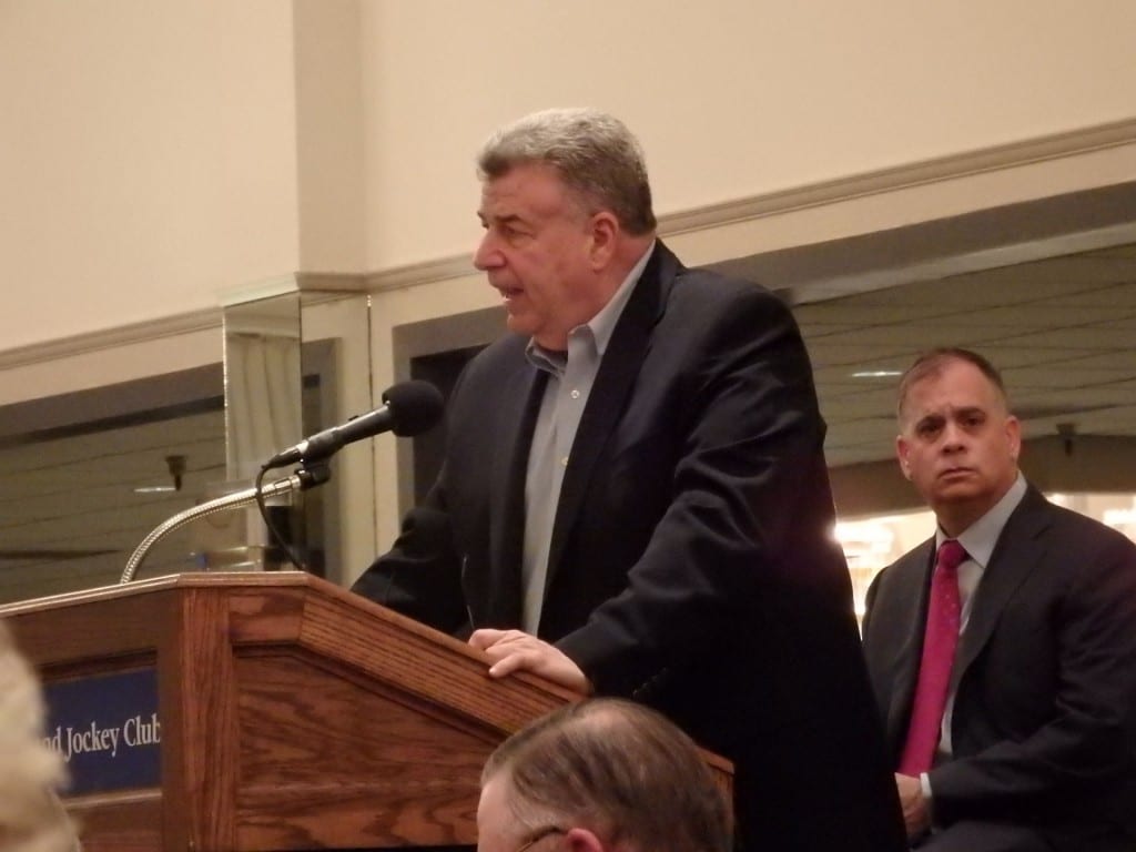 Bruce Quade of the Maryland Racing Commission speaks at the town hall meeting with the Stronach Group's Tim Ritvo looks on. Photo by The Racing Biz.
