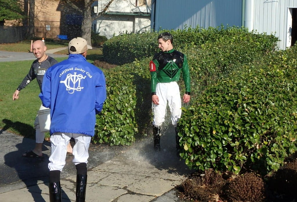 Lane Luzzi got the traditional greeting after his first win. Photo by The Racing Biz.