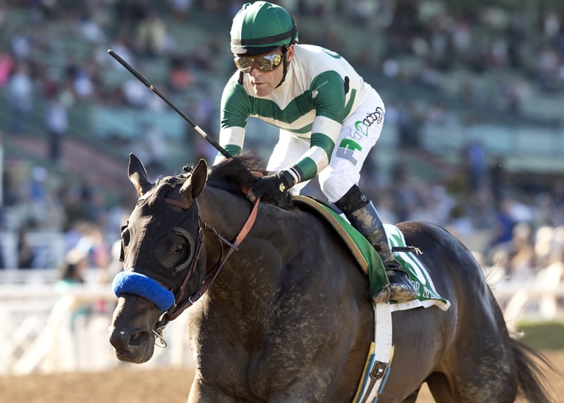 Gary Stevens and Mor Spirit take the Robert B. Lewis Stakes. Photo by Benoit Photo.