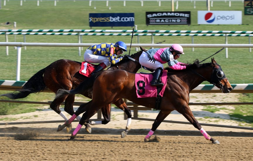 Lady Sabelia wins the Primonetta Stakes over Disco Chick. Photo by Laurie Asseo.