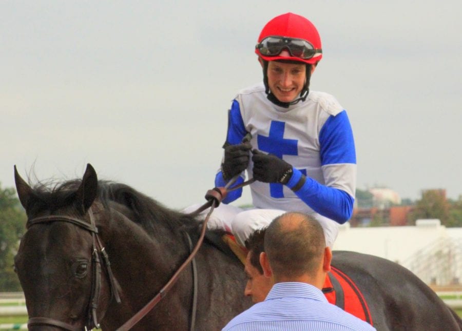 Jockey Trevor McCarthy after a 2016 stakes win.  Photo by Dottie Miller