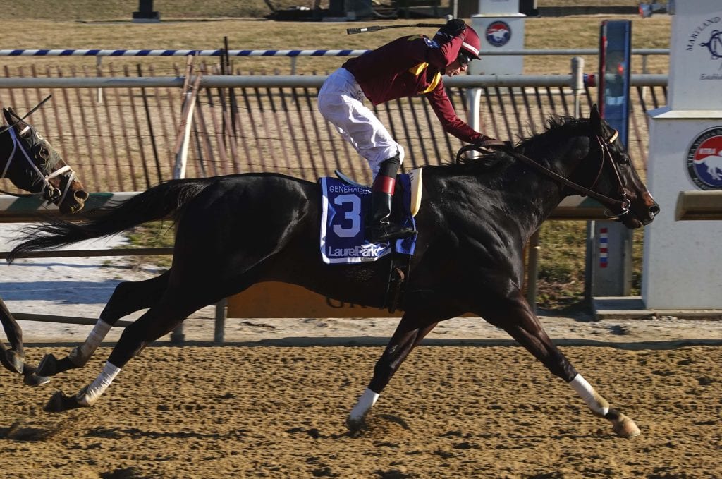 Jockey Trevor McCarthy exults as Uncontested wins the Grade 3 General George at Laurel Park. Photo by Laurie Asseo.