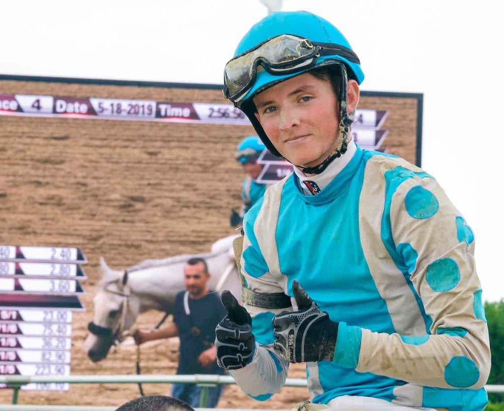 Bug boy Avery Whisman won at Delaware Park aboard Crystal Pier. Photo by HoofprintsInc.com.