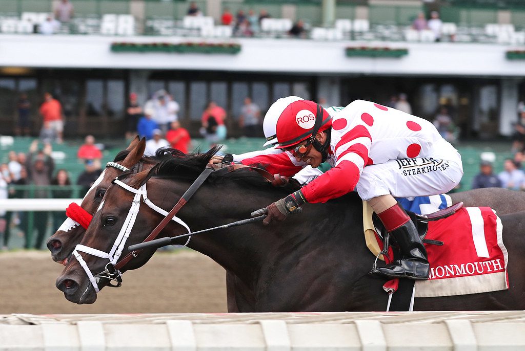 Mind Control narrowly defeated Hot Rod Charlie in the Salvator Mile. Photo by Bill Denver/EQUI-PHOTO.