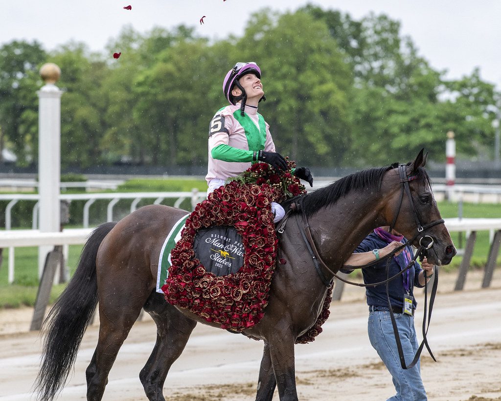 Trevor McCarthy exults after Highland Chief won the G1 Man o' War. Photo by  Joe Labozzetta.