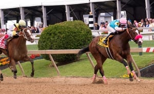 Miss Behaviour powers home to win the Miss Preakness. Photo by Jim McCue, Maryland Jockey Club.