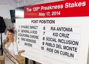 Ms. Racing Queen presents the post positions.  Photo by Jerry Dzierwinski, Maryland Jockey Club.